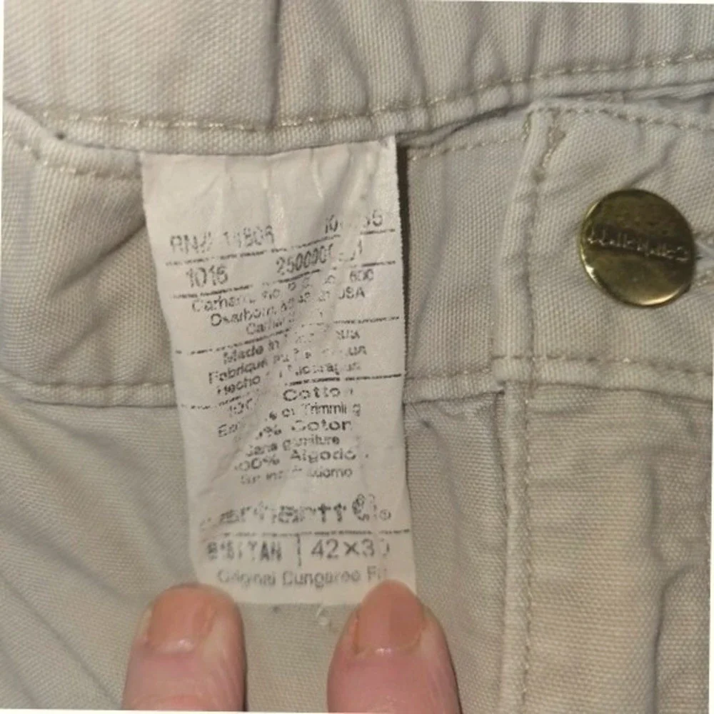 Carhartt Mens Tan Canvas Orig Dungaree Fit Carpenter Work Pants 42x30 Distressed